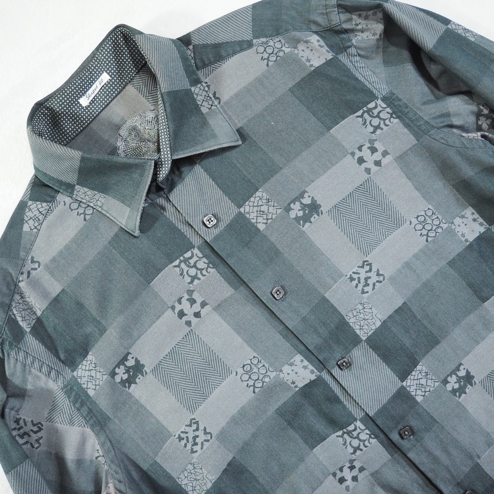 Bugatchi Sz L Shaped Fit Gray and Charcoal Patterned Dress Shirt 100% Cotton